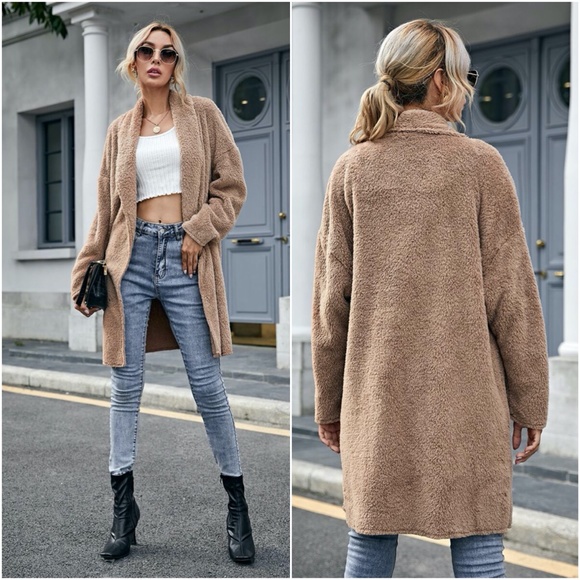 fall camel teddy cozy jacket cardigan open front - Picture 5 of 6